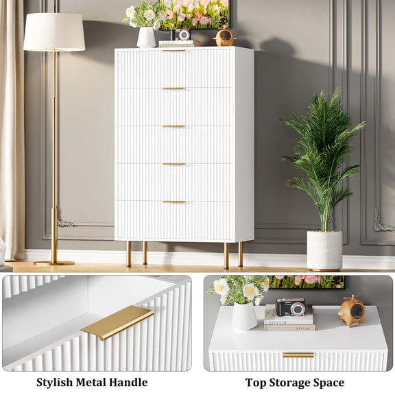 Accreate Fluted Dresser for Bedroom,5 Drawer Dresser with Wide Drawers,Wooden Chest of Drawers,Modern Storage Dressers for Living Room, Closet, Hallway,Entryway