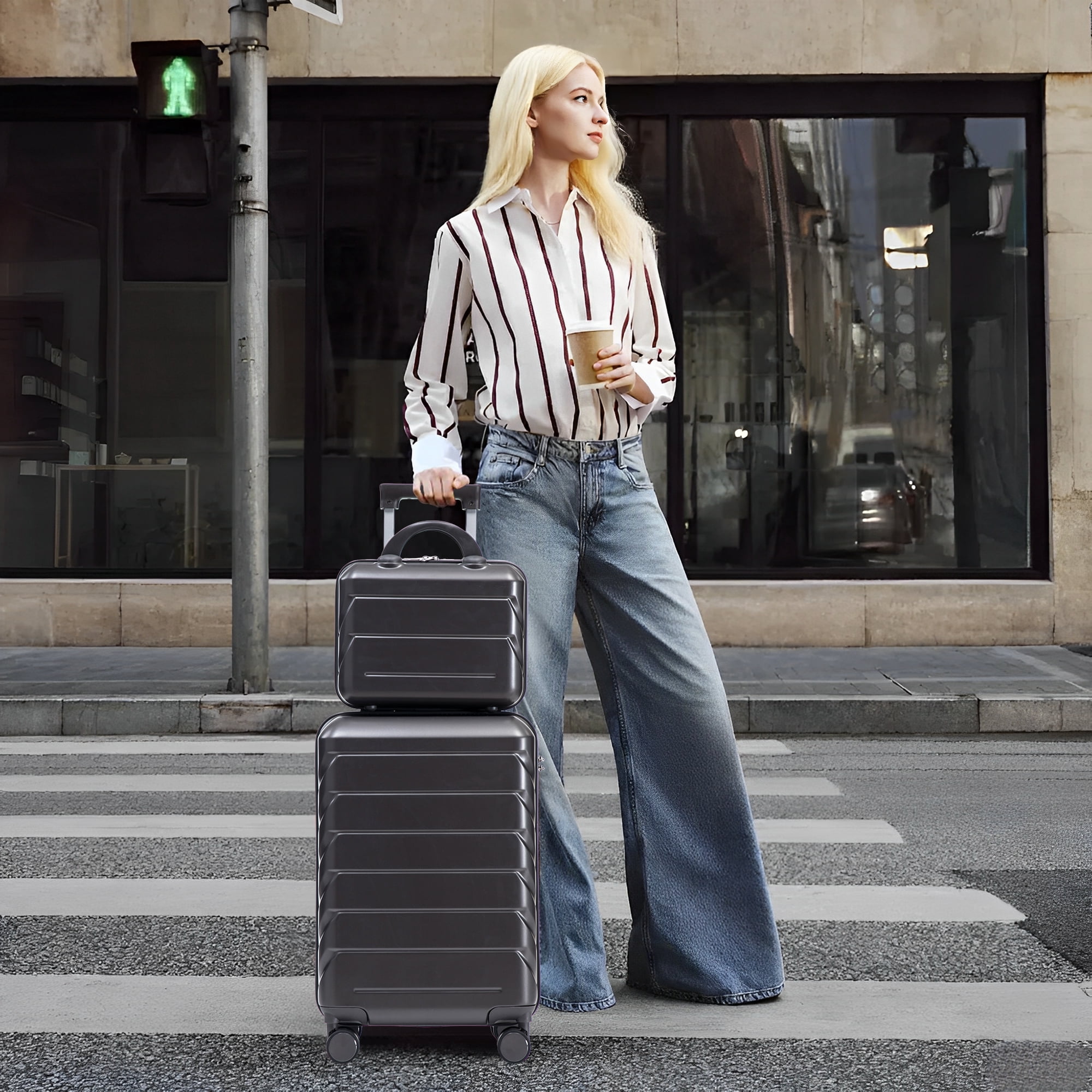 14"/20" 2 pcs/set in ABS Spinner Wheel Luggage, with Combination Lock, 14" Cosmetic Case (Dark Gray)