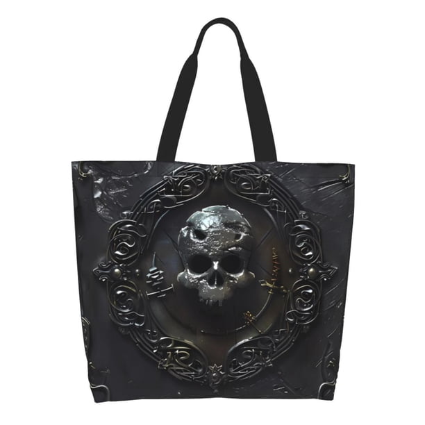 Balery Ornate Dark Skull Book Bolsa Tote Estilo Estético con Cremalleras, Bolsa de Hombro, Bolsa de Compras Grande y Plegable