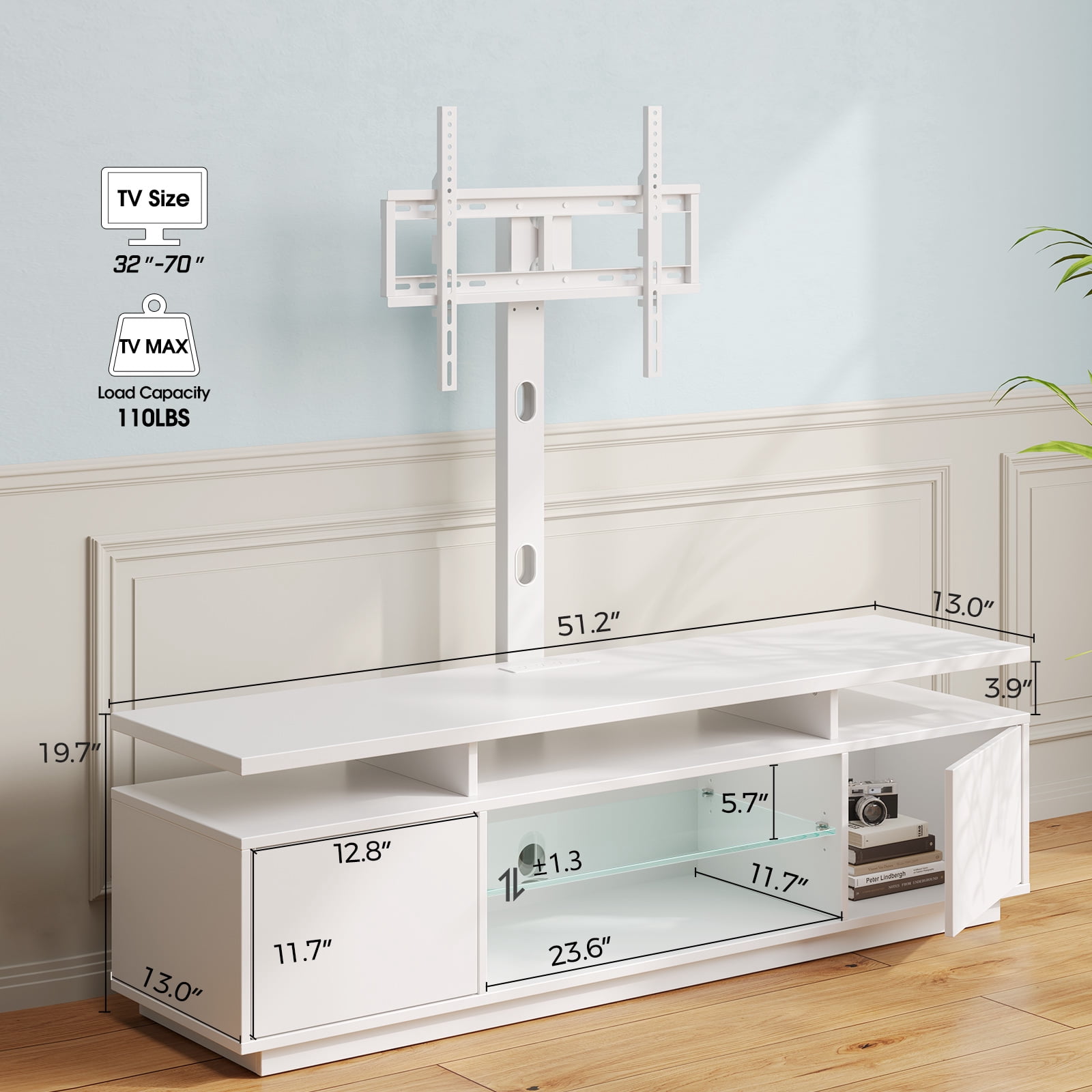 Greenstell TV Stand and Mount for 32" to 70", TV Table with Power Outlet, Gaming Modern Entertainment Center with Storage, LED Light, Height Adjustable, 51", White