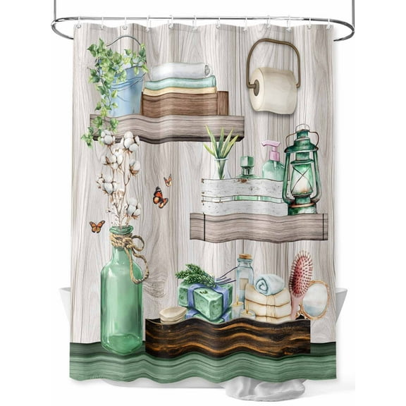 Fsddascl Green Gray Shower Curtain Set - Small 36" x 72" Washable Bathtub Curtain with 12 Hooks, Farmhouse Summer Botanical Wooden Waterproof Fabric Stall Shower Curtains for Bathroom/Bathtub Décor