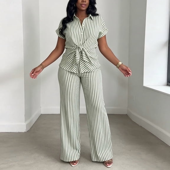 Morttic Women's Tie-Front Lapel Short Sleeve Shirt & High Waist Wide Leg Pants with Fashionable Vertical Stripe Set Green,S