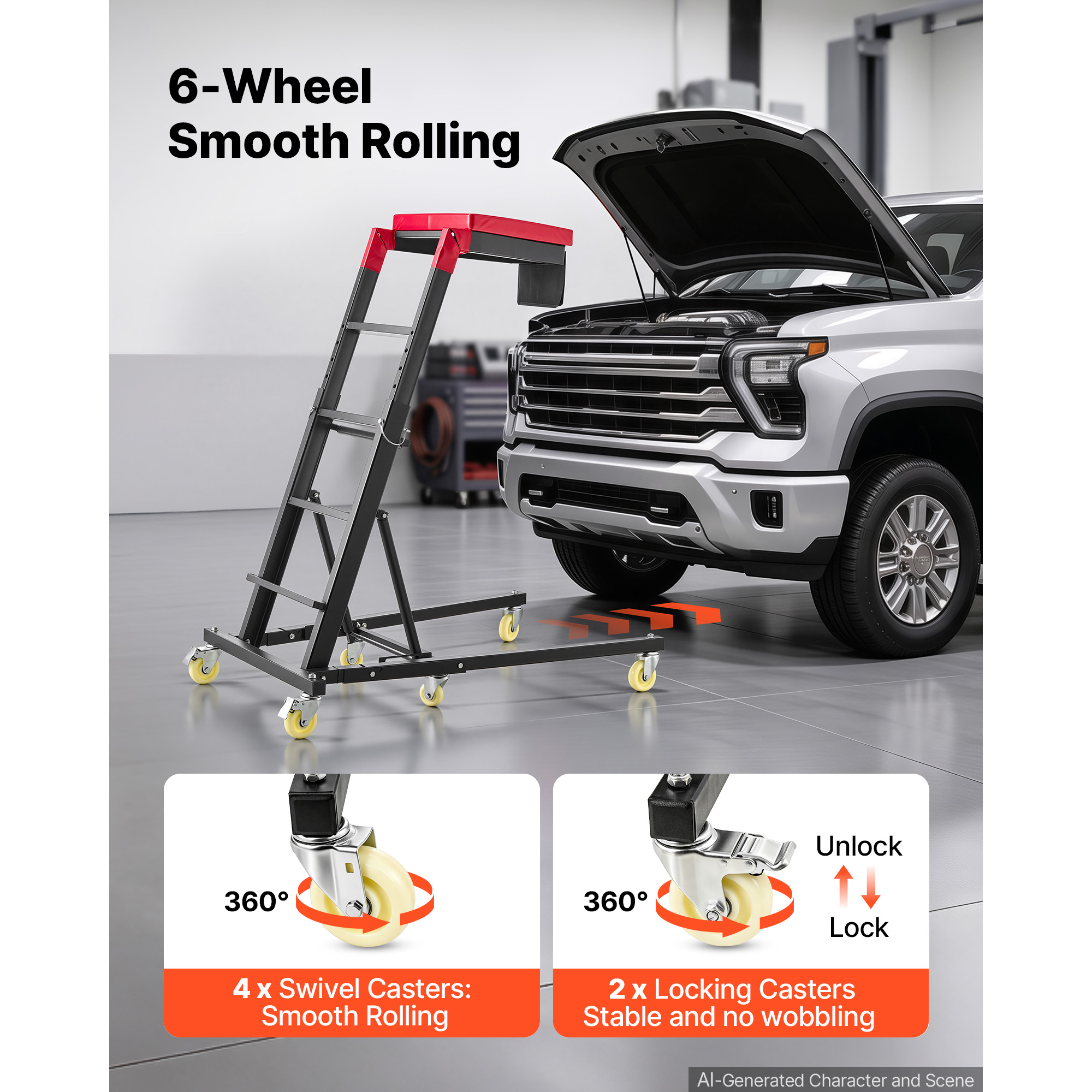 KFFKFF Adjustable Automotive Creeper, 48"-64" High Top Design, Foldable with 400 lbs Steel Support, Stable H-Frame Base, 6 Smooth Wheels for Vehicle Repair and Maintenance