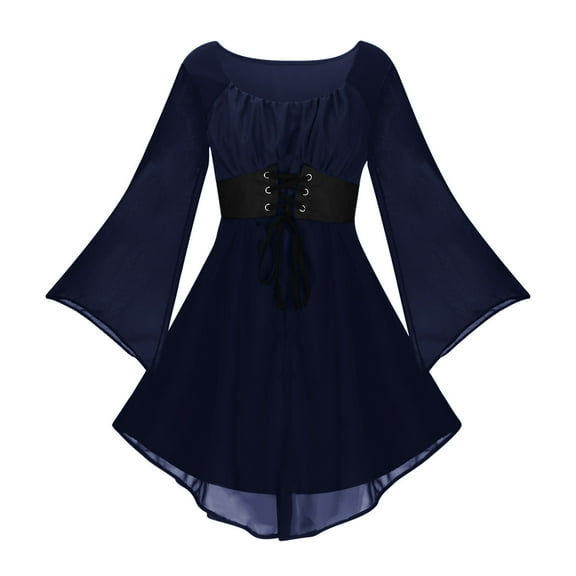 Halloween Dresses for Women Solid Mesh Crewneck Renaissance Dress Flowy Trendy Long Trumpet Sleeve Medieval Costume Fashion Lace Short Gothic Dress Mini Dress for Halloween