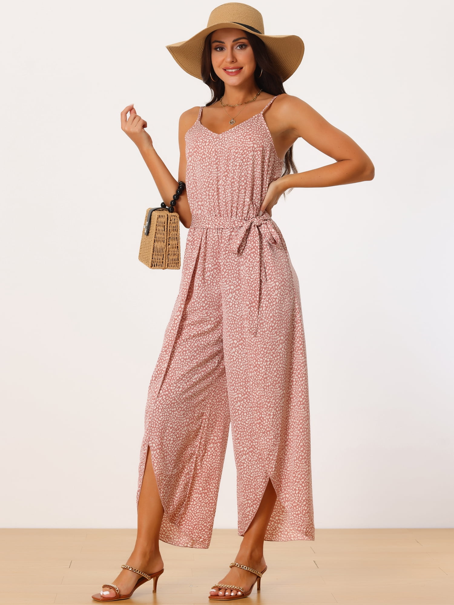DARING DIVA Women's Summer Spaghetti Straps Sleeveless V Neck Jumpsuit L Dusty Pink