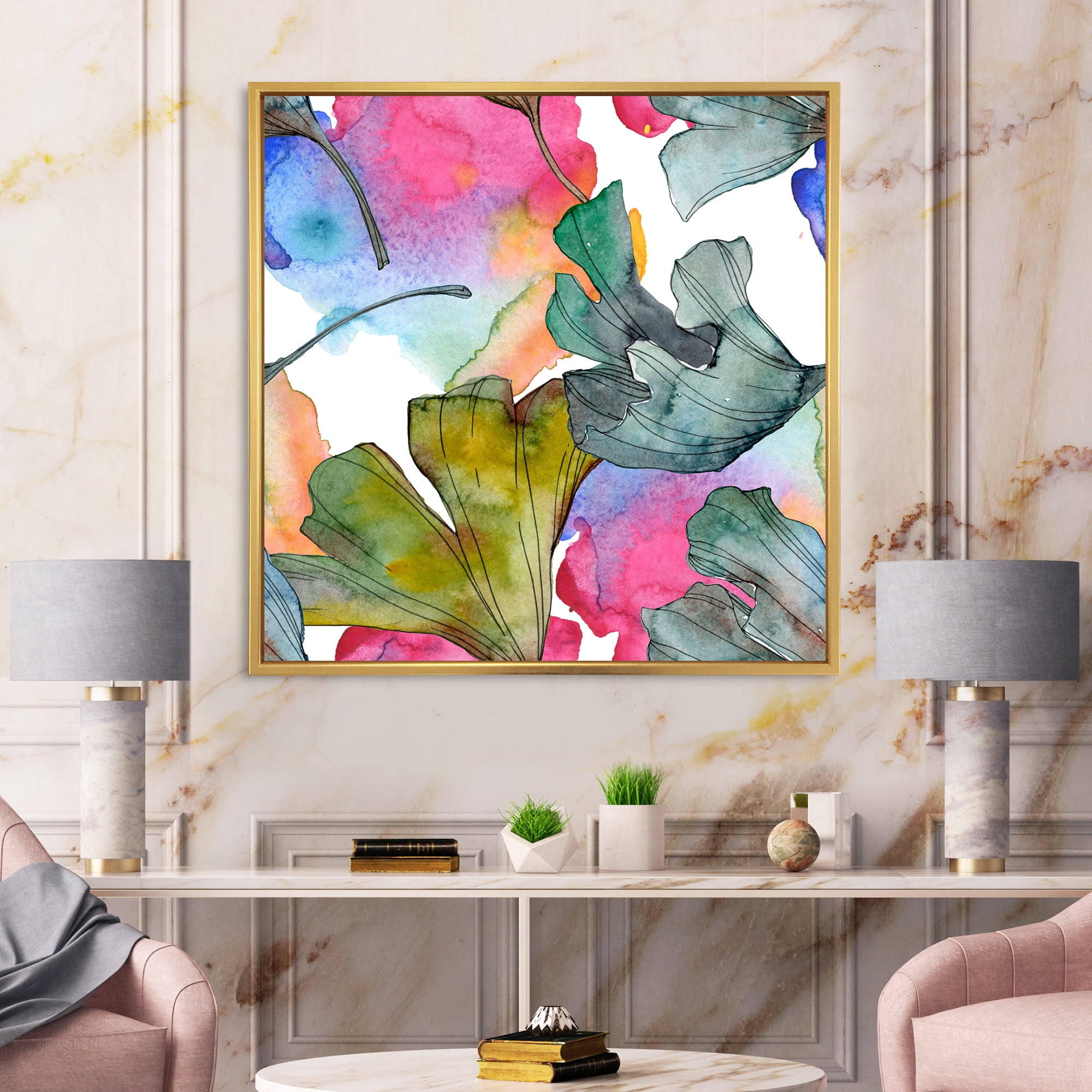 Abstract Ginkgo Biloba Leaf Foliage 30 in x 30 in Framed Painting Canvas Art Print, by Designart
