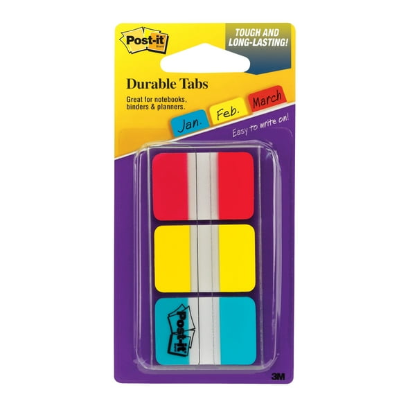 Post-it Tabs, 1" Wide, Red, Yellow, Blue, 12 Tabs/Color, 36 Tabs Total