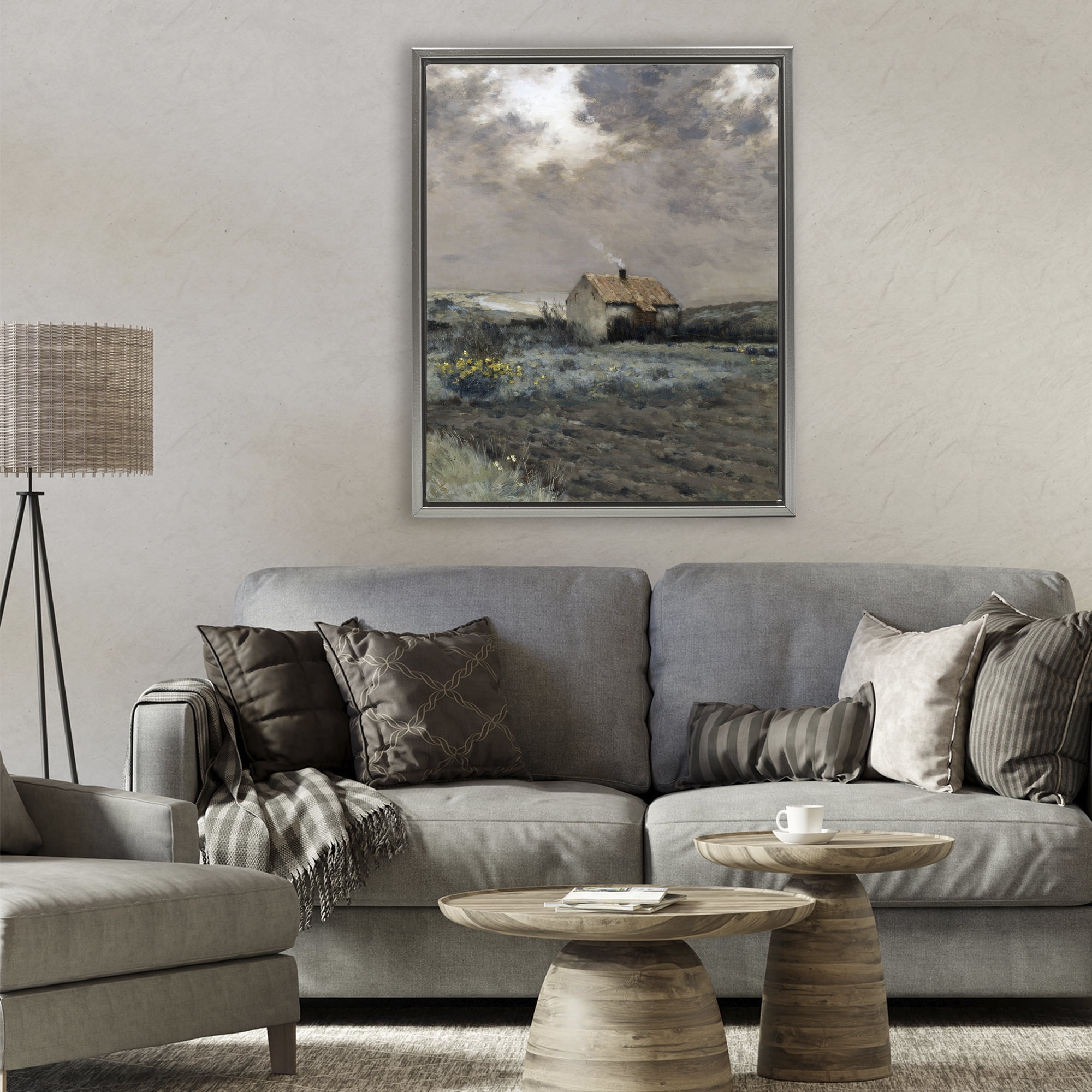Cabin in Overcast Field Gray Framed Floater Canvas Wall Art, design by Lettered and Lined