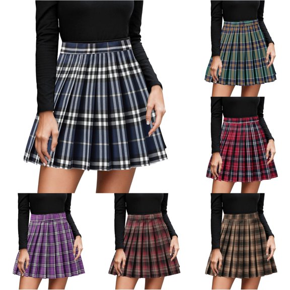 XIAONU Women's High Waist Pleated Mini Skirt Plaid Elastic Waist Skirts School Daily Short Bottom