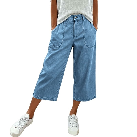 Xdegoge Women's Denim Capris High Waisted Wide Leg Jeans Casual Cropped Denim Pants Elastic Waist Relaxed Fit Summer Comfy Trouser Long Denim Shorts with Pockets