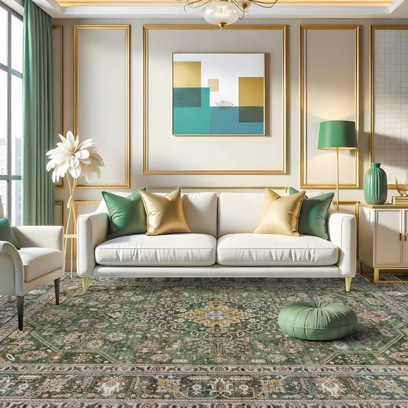 YOUFORTONG Extra Large 10x14 Living Room Area Rug,Thin Stain Oriental Soft Carpet, Non-Slip Stain Resistant Indoor Rug,Green