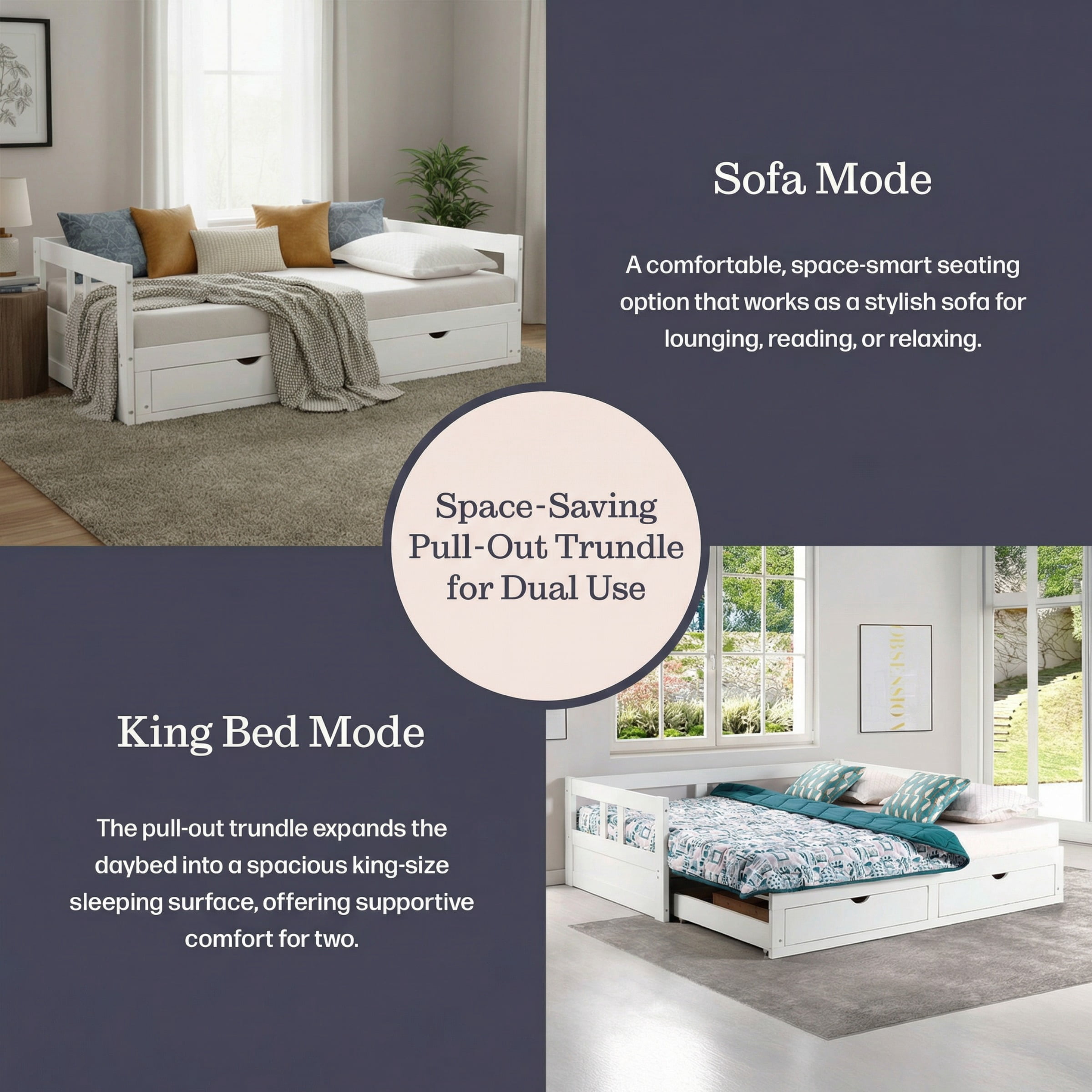 Alaterre Melody White Twin to King Daybed with Trundle and Storage Drawers