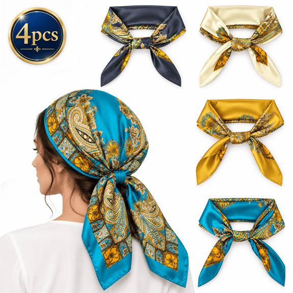 ZHUYING 35” Satin Large Square Head Scarves - 4PCS Silk Like Neck Scarf Hair Sleeping Wraps Satin Silk Scarfs for Women