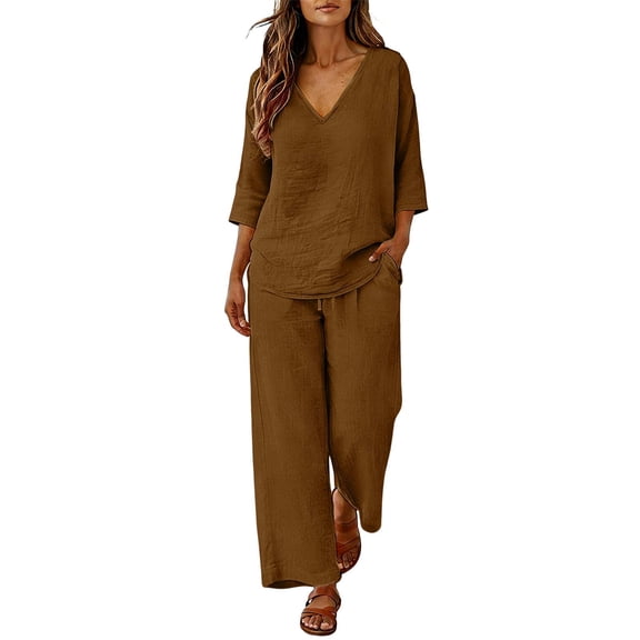 Guluxicc 2 Piece Women's Matching Sets Linen V Neck 3/4 Sleeve Top Drawstring Elastic Waist Wide Leg Pants Outfits With Pockets for Spring and Summer