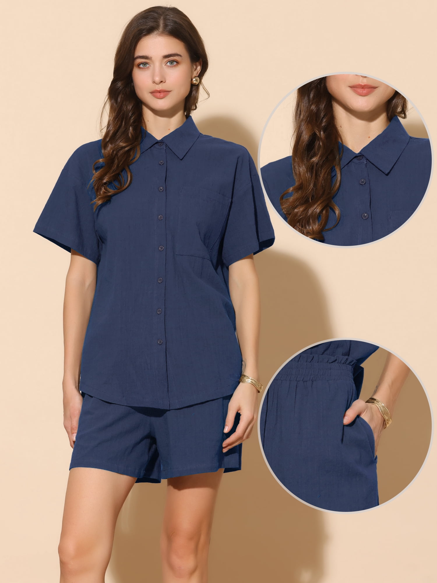 DARING DIVA 2 Pcs Women's Cotton Button Down Shirt Lounge Beach Short Sets M Dark Blue