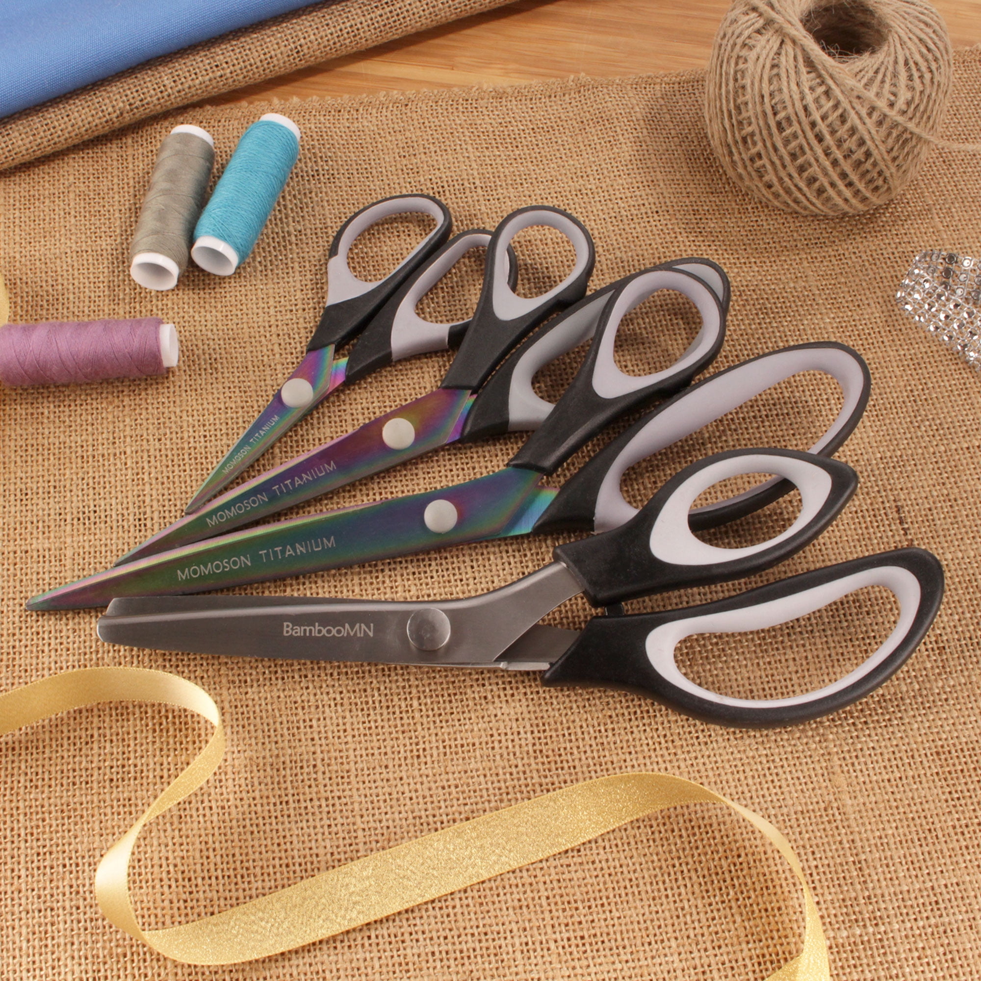 BambooMN Titanium Softgrip Scissors Set - Pinking, Sewing, Arts, Crafts, Office - 1 Set of 4 - Black