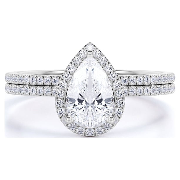 JeenMata Anillo de Bodas Exclusivo con Halo de Moissanita de Corte Pera de 1,25 Quilates para Ella en Oro Blanco de 18 K sobre Plata