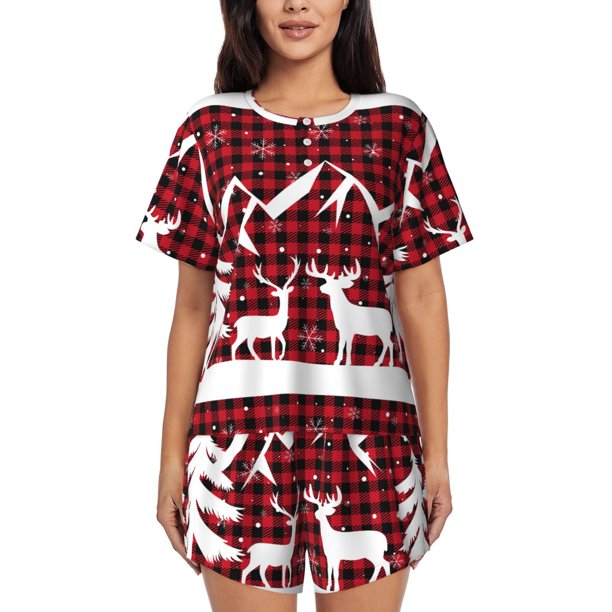 Balery Christmas Buffalo Plaid Conjunto de Pijama para Mujer con Estampado, Dos Piezas de Manga Corta y Shorts, Ropa de Dormir Suave con Cuello Redondo y Bolsillos-X-Large