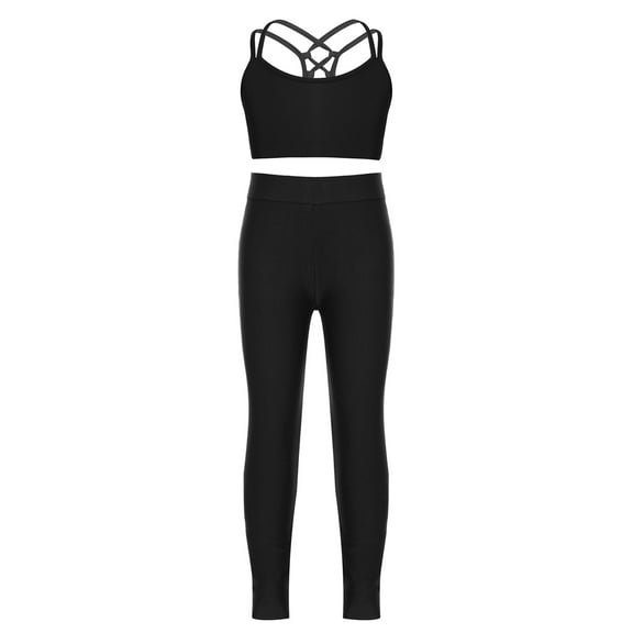 Zaldita Kids Girls Solid Color Sport Workout 2 Pieces Yoga Dance Top with Legging Pants Set Tracksuits Black 6