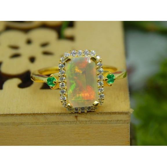 Natural Lab-Fire Opal And Emerald Gemstone Ring, 925 Sterling Silver ,14K Yellow Gold Plated for Women Fire Opal Engagement Rings
