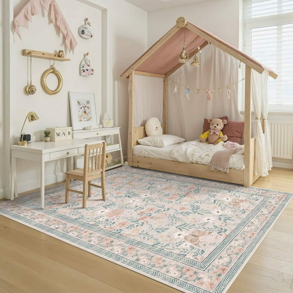 Alfombra Area Rugxara rosa con estampado floral, lavable, 160 x 230 cm, para dormitorio