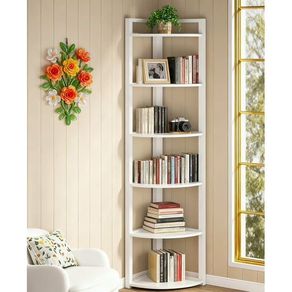6-Tier 70.9” Tall Corner Shelf, Modern Space-Saving Corner Bookshelf with Sturdy Metal Frame, Storage Rack for Living Room, Home Office, Kitchen, Small Spaces