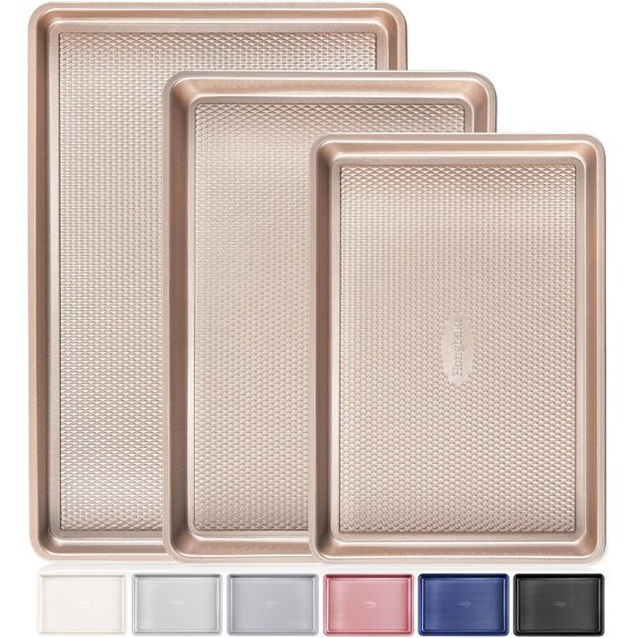 Baking Sheet Pan Set of 3, Cookie Sheets for Oven, Nonstick Half/Quarter/Jelly Roll Pans with Diamond Texture Pattern, 0.8mm Thick Heavy Duty Tray, Champagne Gold