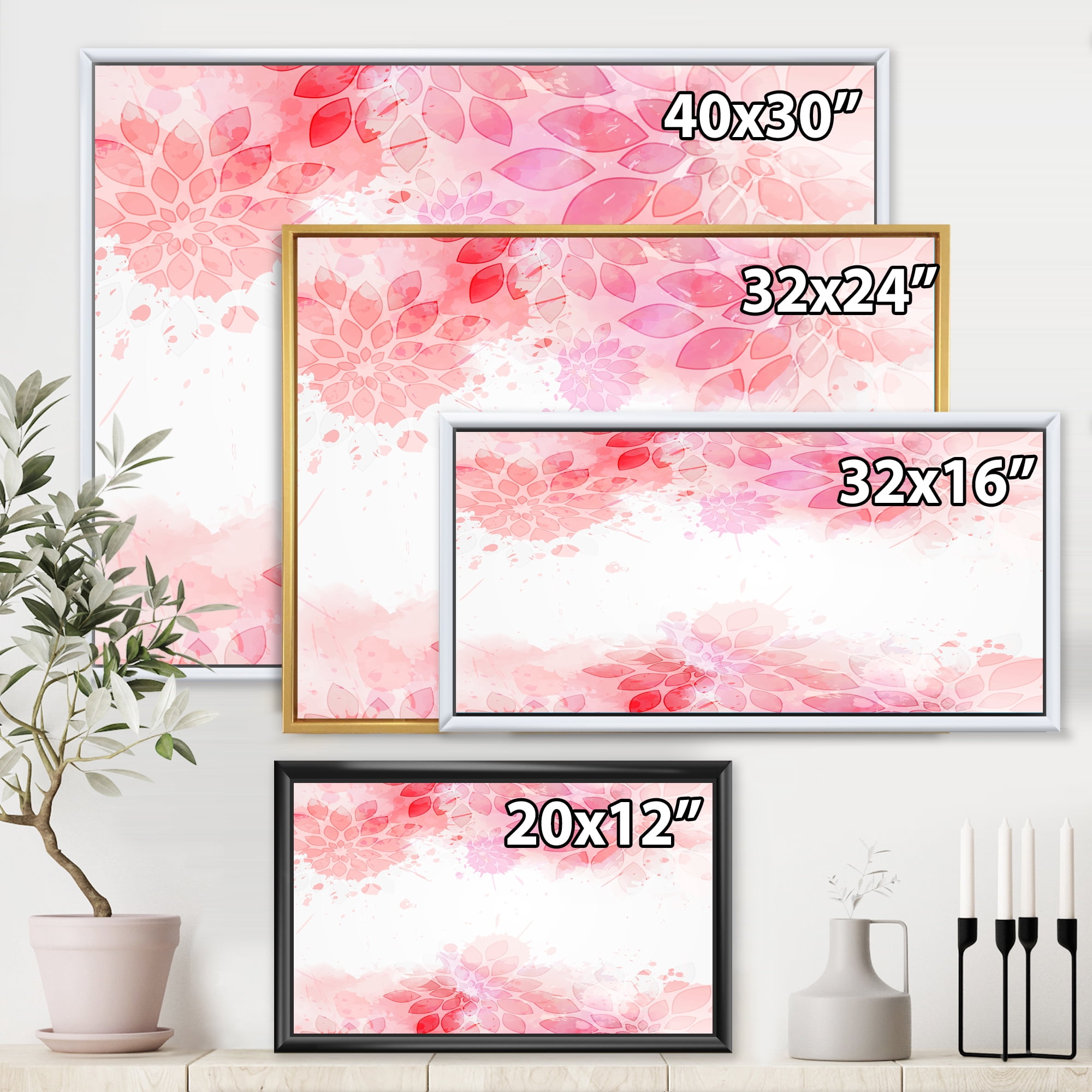 Designart 'Abstract Splashes of Pink Flowers II' Modern Framed Canvas Wall Art Print