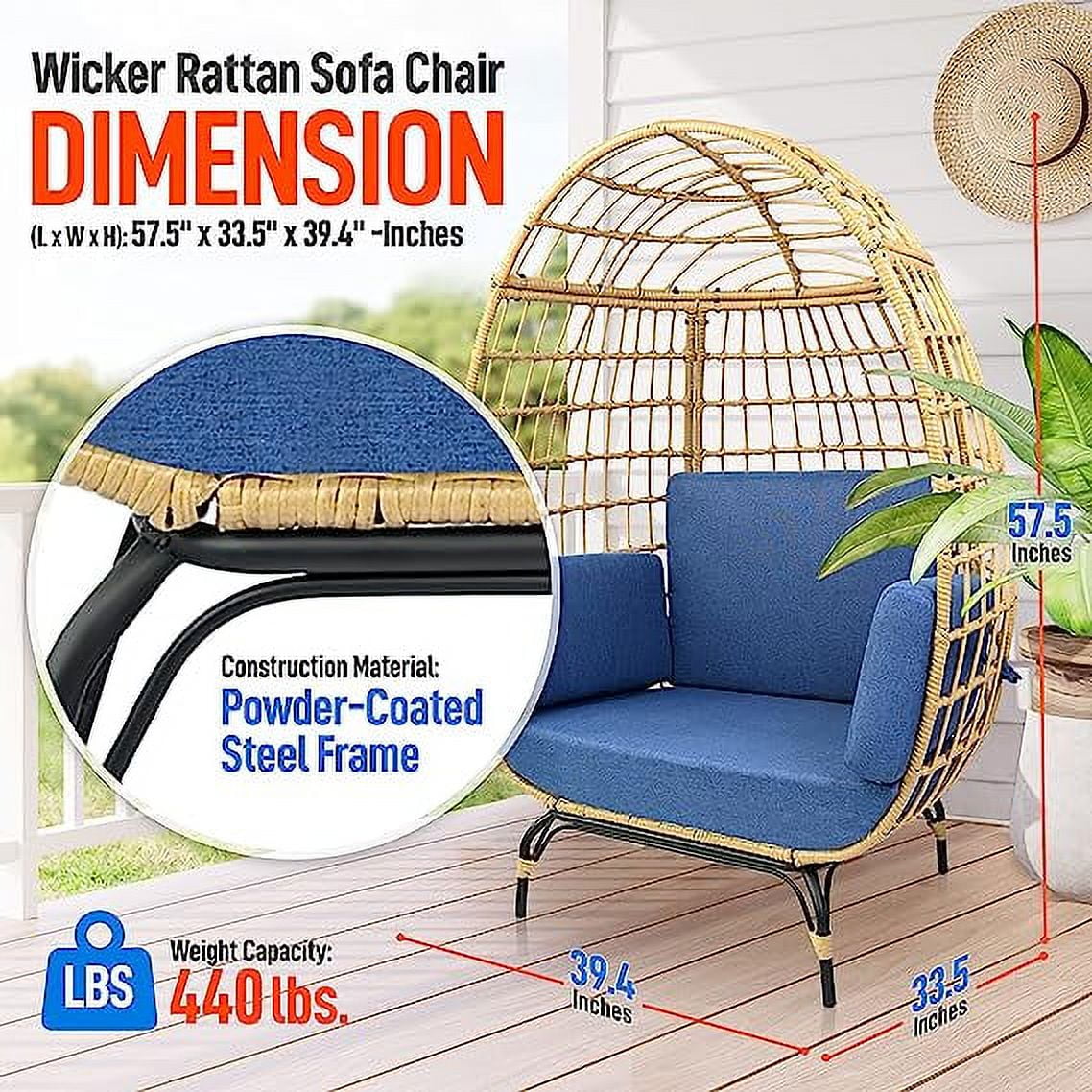 SereneLife Wicker Rattan Egg Chair, Indoor Outdoor Blue Sofa Chair for Patio Backyard & Living Room