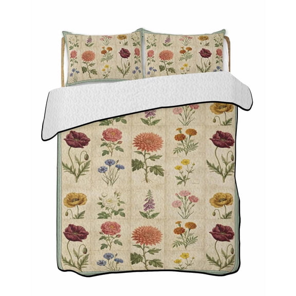 Quilts Twin-XL Size Bedding Set, Retro Pastoral Floral Lightweight Quilted Comforter, Boho Wildflower Botanical Rose Daisy Soft Bedspread Coverlet with Pillow Covers for All Season, 68" x 98"