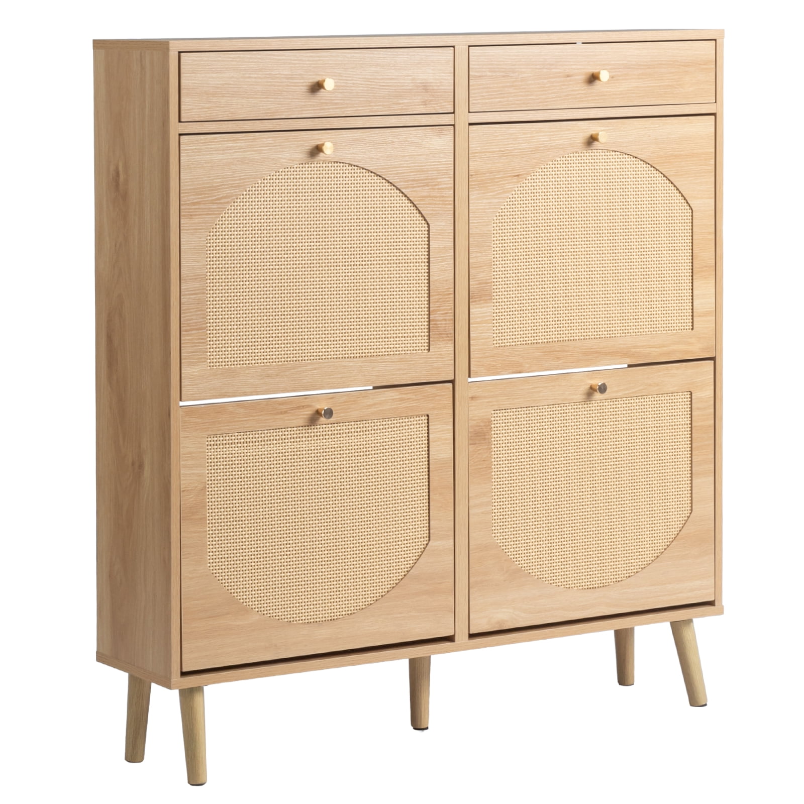 Rattan-Front Shoe Cabinet With 2 Drawers And 4 Flip-Down Compartments, Made Of Particleboard, 105*24*110cm, Natural Wood