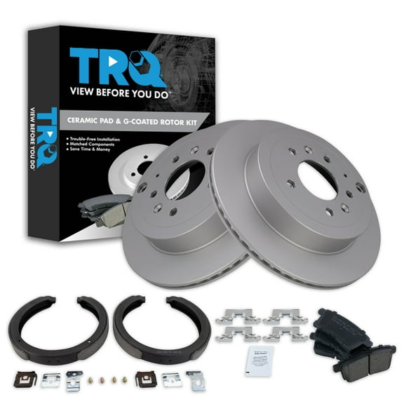 TRQ Rear Brake Pad & Rotor Kit Brake Pads Brake Rotor Parking Brake Shoe Set Ceramic Premium G-Coated Fits Select 2011-2012 Mazda CX-7