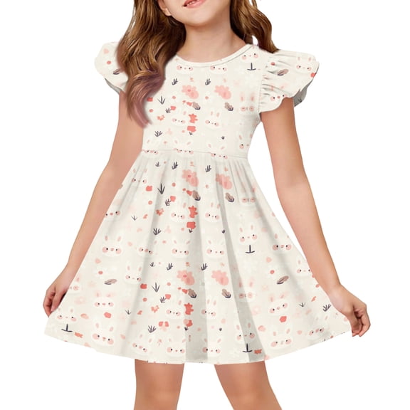 yuCgh Easter Dress for Girls: Flutter Sleeve A-Line Summer Party Dress, Lightweight Casual T-Shirt Style Dress for Easter Day,Beige 110