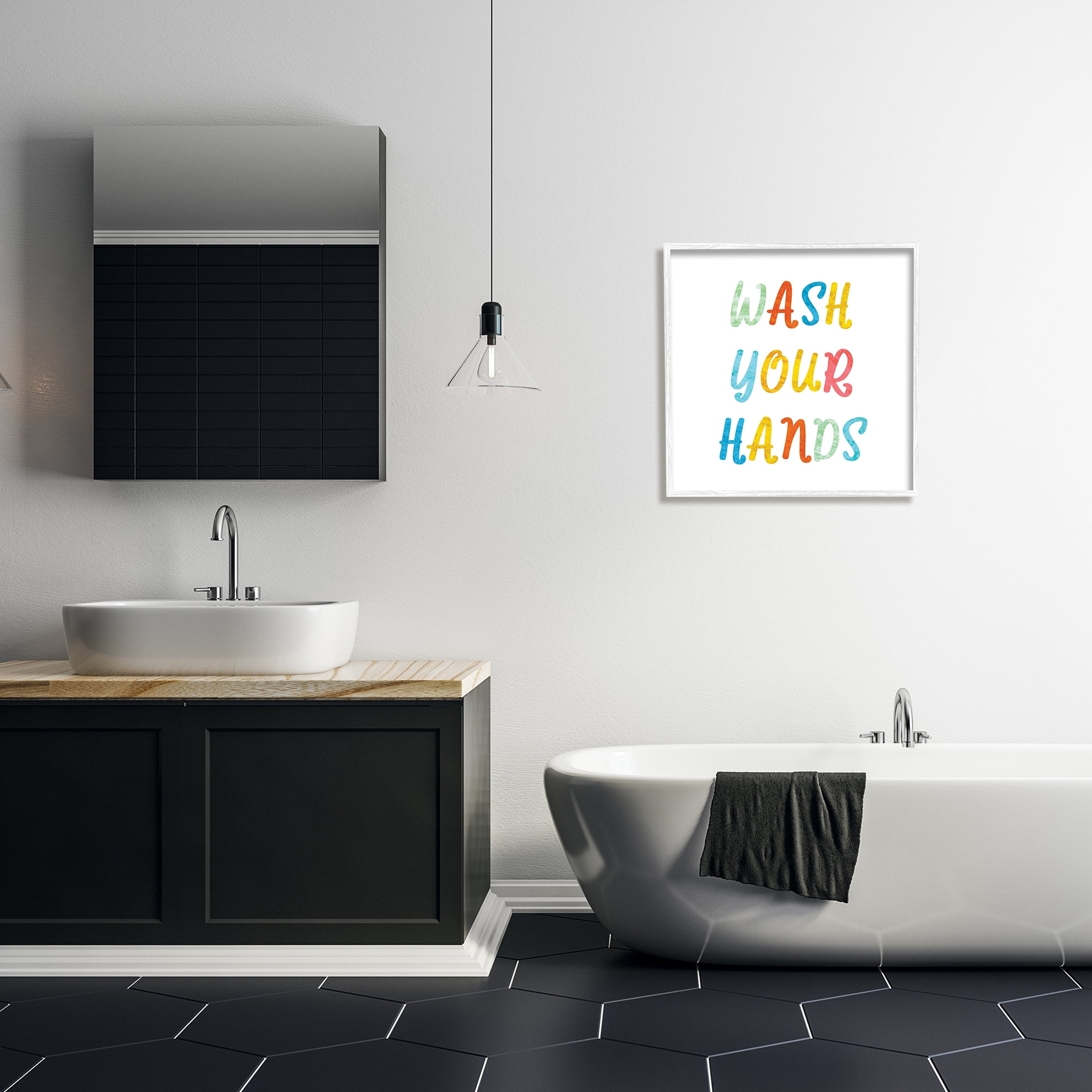 Stupell Industries Wash Your Hands Bathroom Rules Kids Typography Typography Painting White Framed Art Print Wall Art, 24 x 24