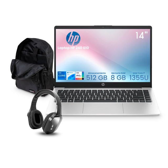 Combo Laptop HP 240 G10 Intel CI7 8 GB 512GB SSD W11H FHD + Audifonos Bluetooth y Mochila