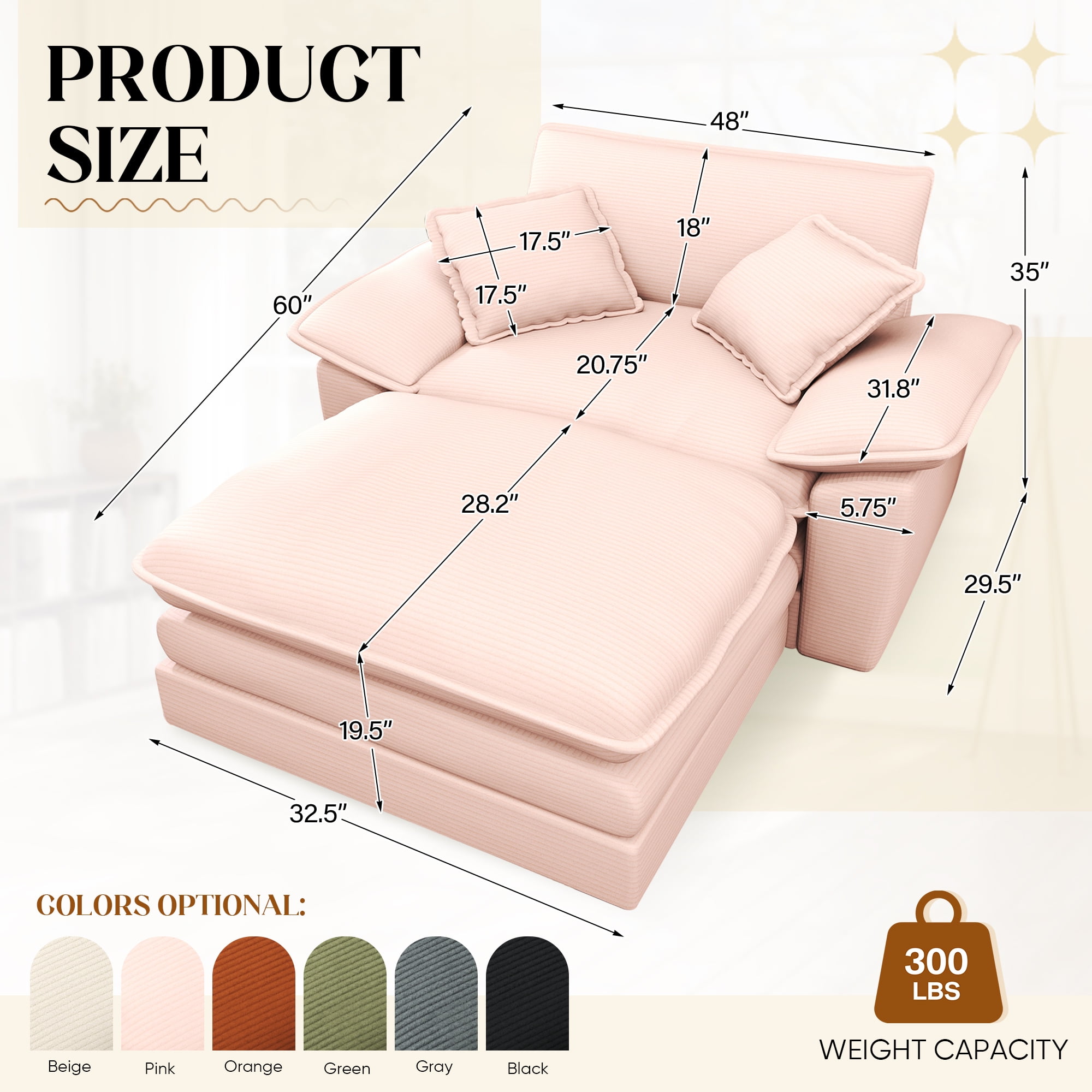 Lunale Oversized Lounge Chair & Ottoman Set - 48" Cloud Corduroy Accent Armchair for Modern Living/Bedroom, Pink Corduroy