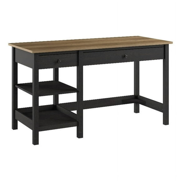 Pemberly Row 54W Computer Desk with Shelves in Vintage Black and Reclaimed Pine