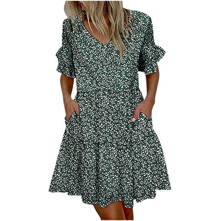 

Dress for Women 2022 Summer Dress Women Casual V-Neck Sexy Ruffle Short Sleeve Printing Pocket Dress Summer Dresses for Women 2022 Valentines Dress Summer Savings Green S