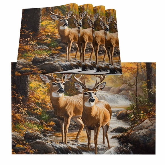 Orange Autumn Deer Placemats for Dinning Table Set of 4, Vintage Forest River Burlap Kitchen Place Mats Waterproof Cloth Table Mats, Indoor Outdoor Placemats Easy Clean Dinner Decor