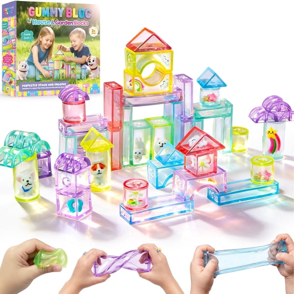 Gummy Bloc 33PCS Sensory Soft Building Blocks for Toddlers, Kids Montessori Squishy Stacking Toy Set, House Garden Theme for Educational Preschool Creative Play