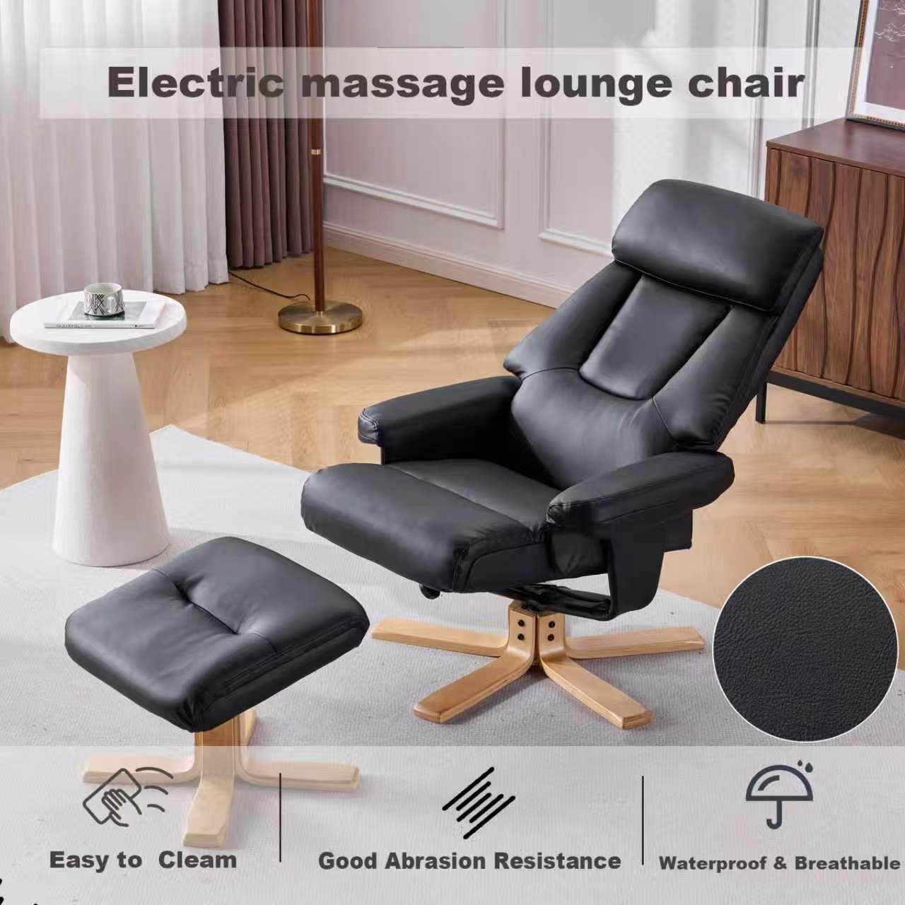 Black PU Leather Heated Massage 360 Degree Swivel Accent Chair, Ergonomic Single Sofa with Ottoman and Adjustable Backrest for Living Room Bedroom Office Apartment, Black