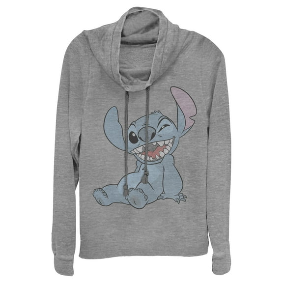Junior's Lilo & Stitch Halftone Smile  Cowl Neck Sweatshirt Gray Heather X Small
