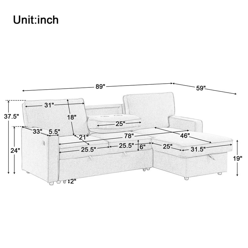 Convertible Sleeper Sofa Bed, L-Shaped Sectional Sofa Pull Out Couch with Storage Chaise & USB Ports, 89'' Sofa Couch with Cup Holder for Living Room Apartment