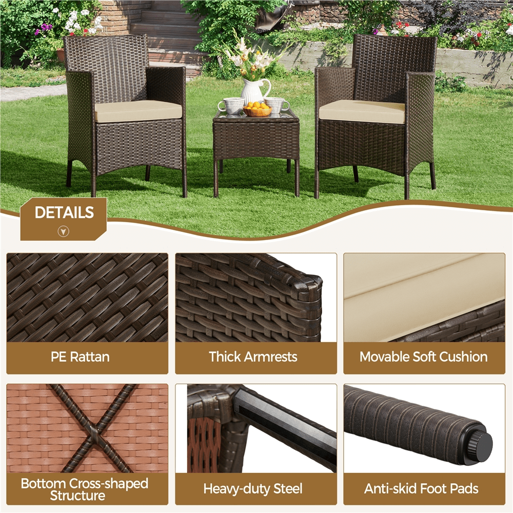 Renwick 3-Piece Rattan Furniture Set with 1 Side Table and 2 Chairs, Brown/Khaki