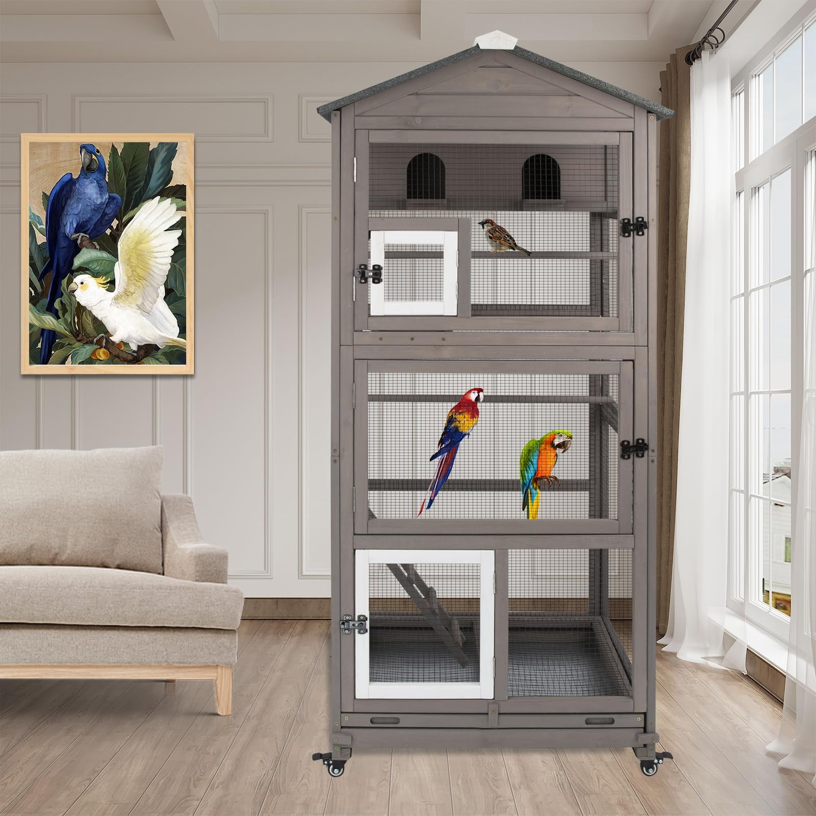 Gowoodhut 68.8"L Outdoor Bird Aviary Indoor Wooden Large Bird Cage Parakeet Cage on Wheels