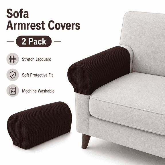 TAVENE Stretch Armrest Covers for Chairs and Sofas Couch, Spandex Jacquard Armrest Cover Anti-Slip Furniture Protector Washable Armchair Slipcovers for Recliner, Sofa Arm Covers, Set of 2, Brown