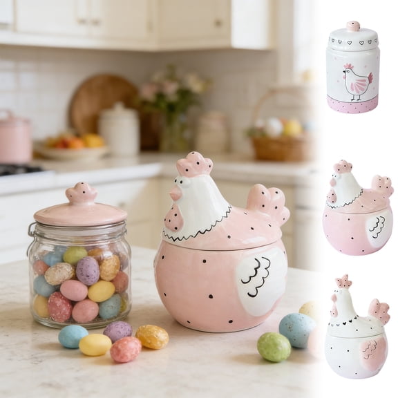 EDhome Pink Gilded Embossed Chicken Ceramic Storage Jar, Cute Sealed Lid Airtight Jar, Sturdy Ceramic for Kitchen Pantry Food Storage and Home Tabletop Decor, Pink-B