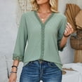 thumbnail image 2 of WREESH V-Neck Lace Crochet Blouse Women's Dressy Casual 3/4 Sleeve Tunic Top in Solid Colors Green, 2 of 6
