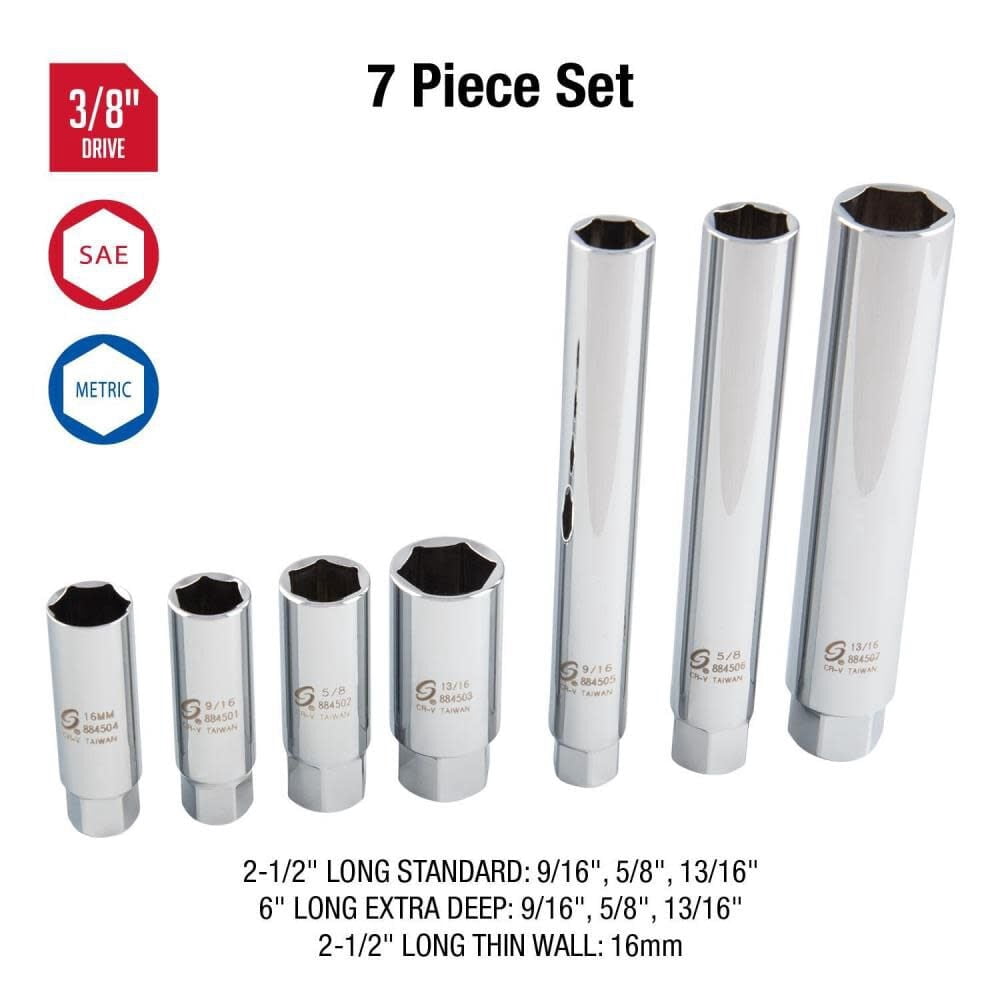 Sunex 8845 7 Piece 3/8" Drive Spark Plug Socket Set