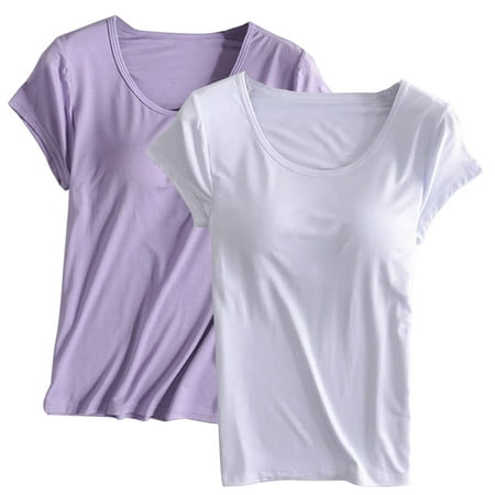 WCMZJ 2PCS Womens Built in Bra T Shirt Padded Active Yoga Oversize Tops Short Sleeves Plain Blouses Soft Pajama Casual Workout Shirts White L
